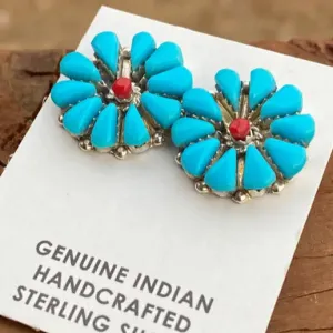 Zuni Turquoise and Coral Earrings - Nizhoni Traders LLC